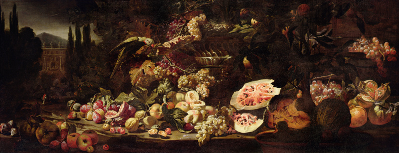 Still life of fruit with a green parrot and a silver vase von Abraham Brueghel