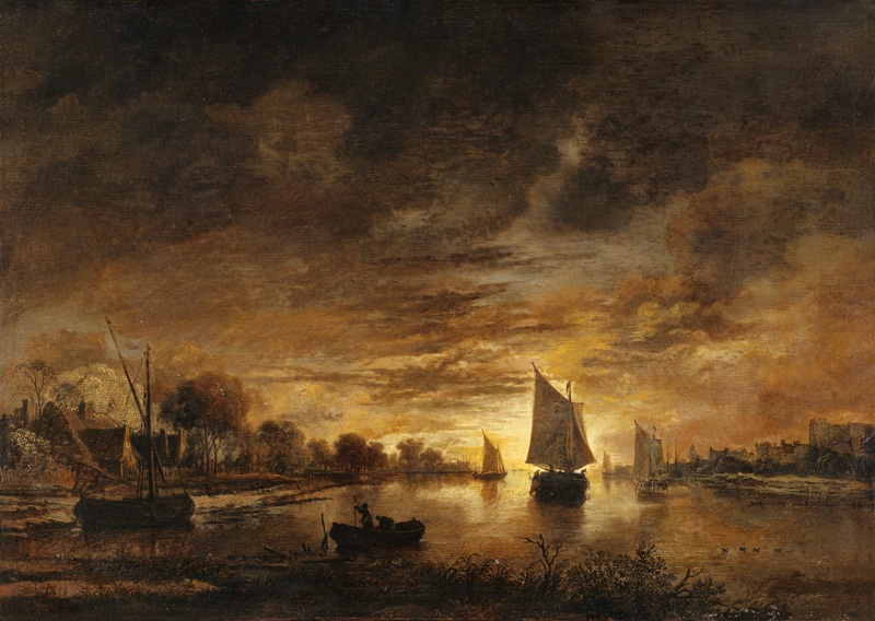 Flusslandschaft mit Schiffen bei aufgehendem Mond von Aert van der Neer