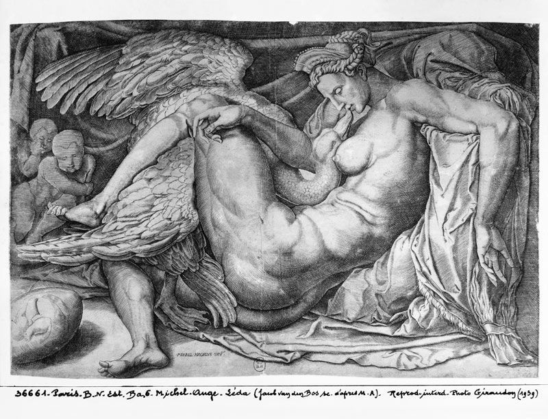 Leda; engraved by Jacobus Bos, Boss or Bossius (b.c.1520) von (after) Michelangelo Buonarroti