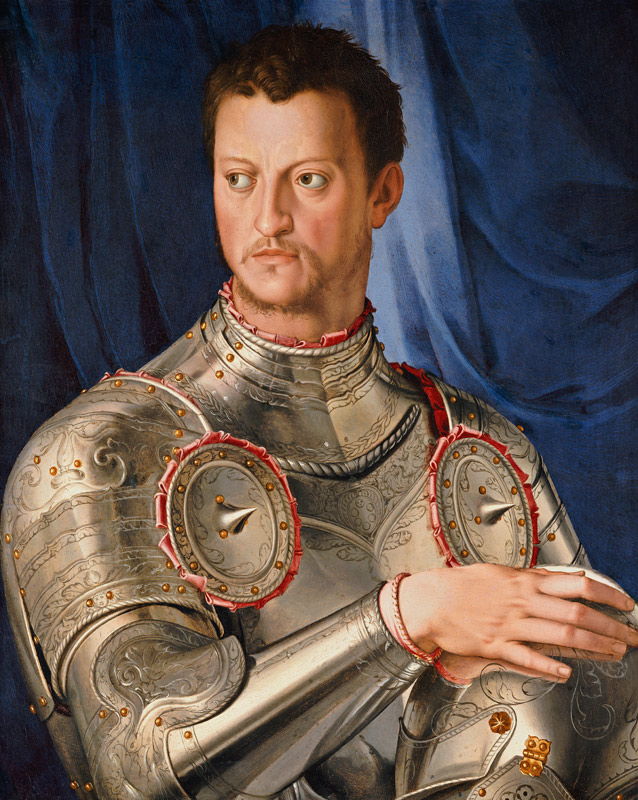 Portrait des Cosimo I De' Medici (1519-1574), seine rechte Hand auf seinem Helm ruhend von Agnolo Bronzino