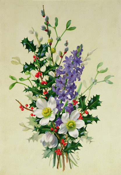 Spray of Dogrose, Holly, Mistletoe and Larkspur (1) von Albert Williams