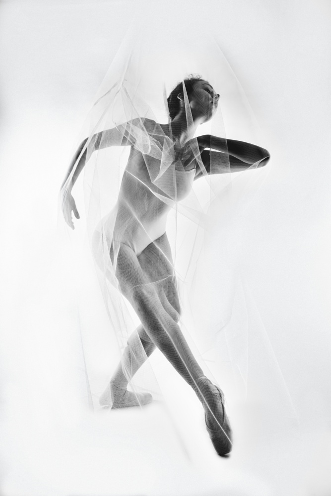 The Web of Senses. A ballerina in a bodysuit wrapped in a thin transparent fabric in a delicate pa von Alexandr