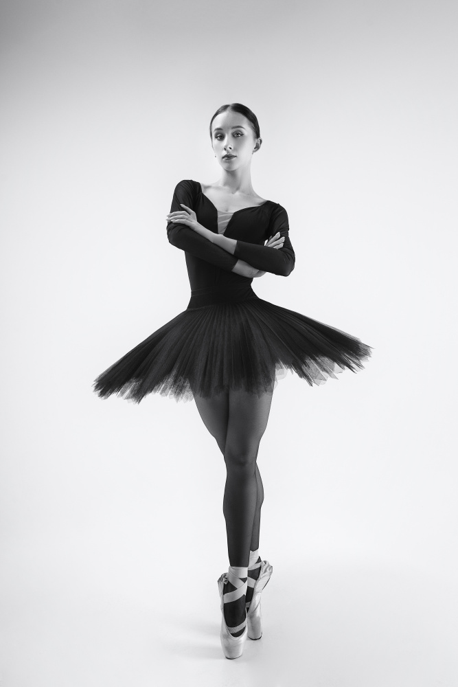 black swan. ballerina in a black tutu shows elements of ballet dance in motion von Alexandr