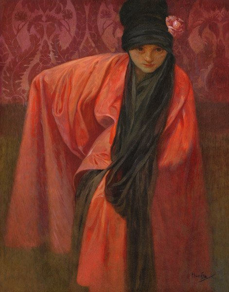 Mädchen in Rot von Alphonse Mucha