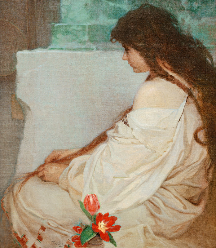 Mädchen mit Tulpen, 1920.  von Alphonse Mucha