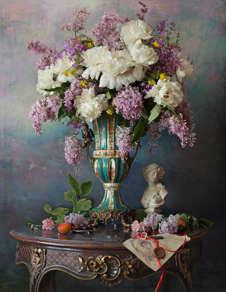 Still life with flowers and bust of the girl von Andrey Morozov