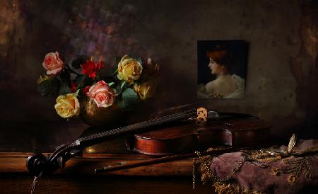 Still life with violin and flowers