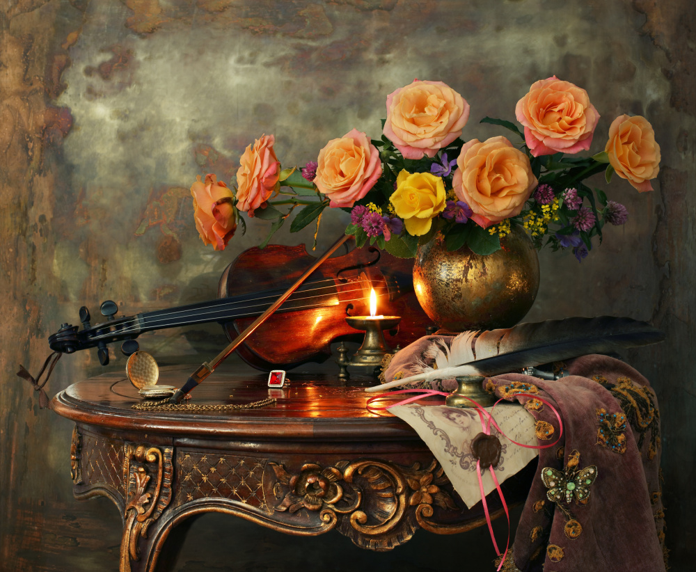 Still life with violin and flowers von Andrey Morozov