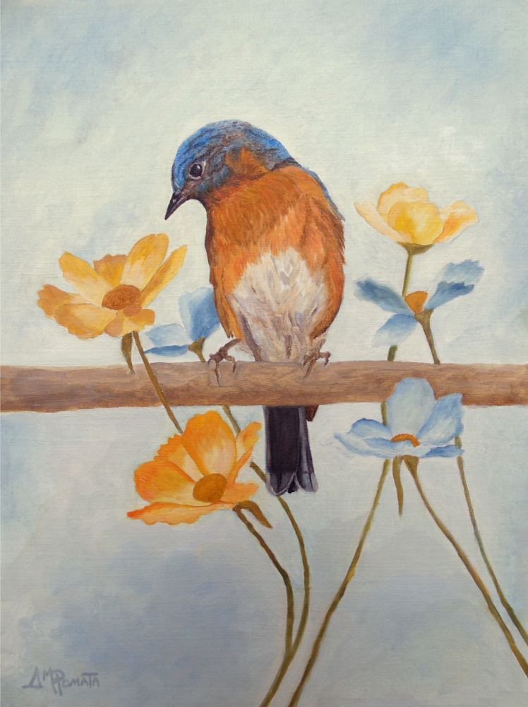 Flower Peeping Eastern Bluebird von Angeles M. Pomata