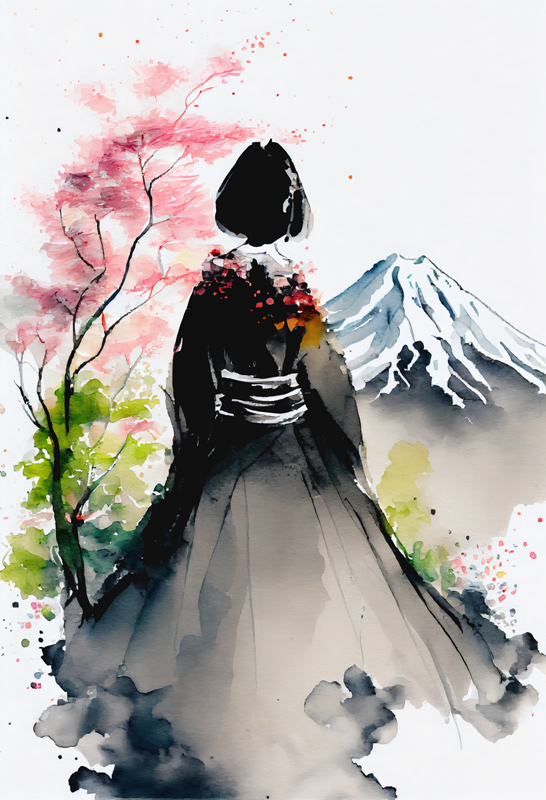 Japanische Geisha blickt auf die Landschaft mit schneebedecktem Fuji von Anja Frost