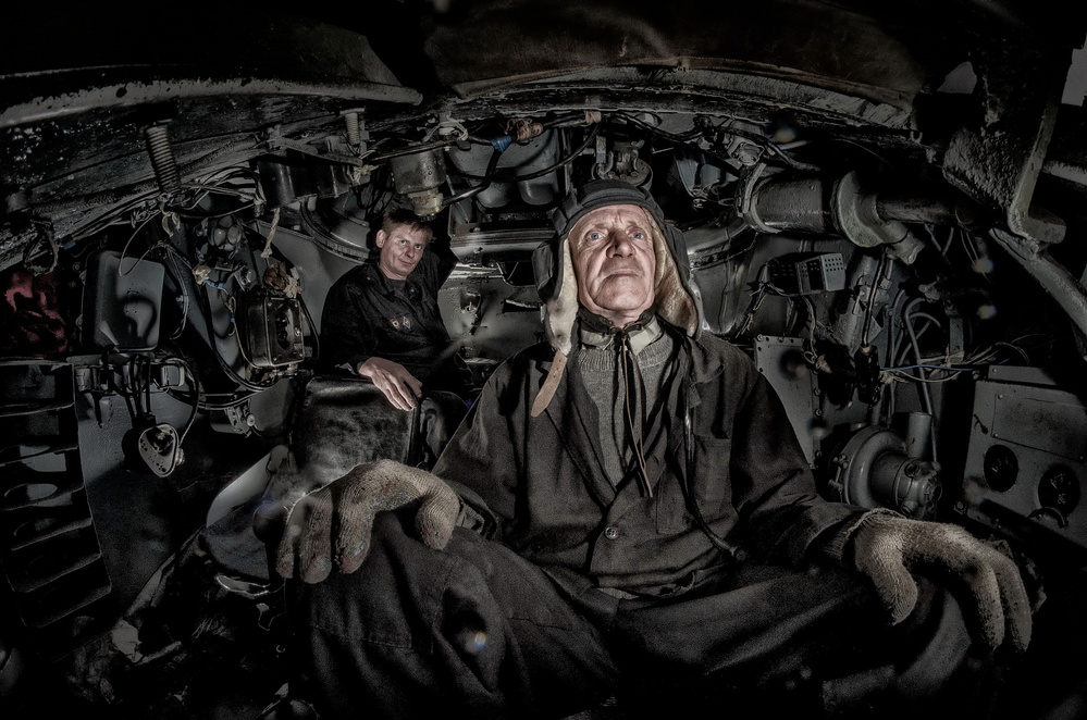 Famous WWII tank T-34 inside. The drivers portrait von anton