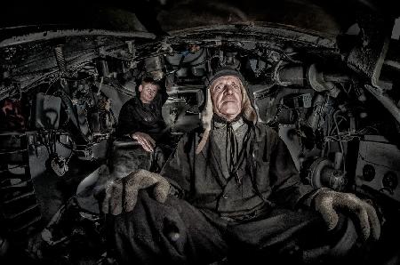 Famous WWII tank T-34 inside. The drivers portrait