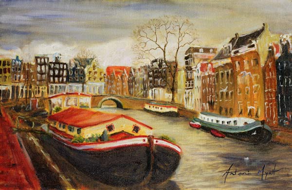 Red House Boat, Amsterdam, 1999 (oil on canvas)  von Antonia  Myatt