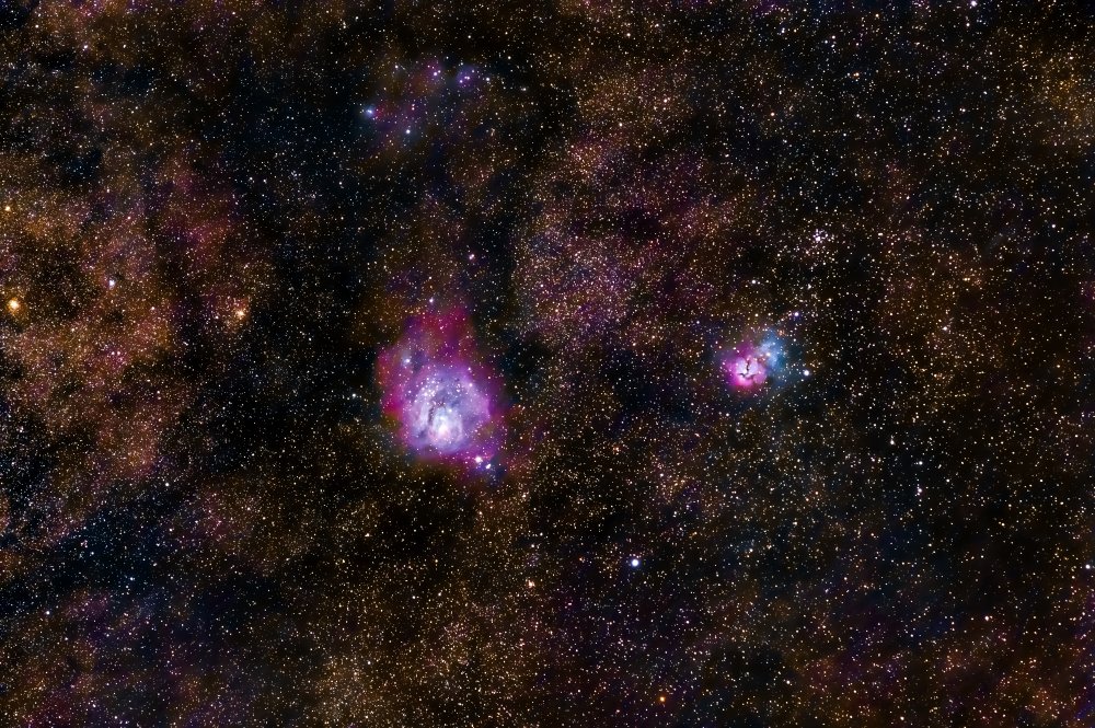 Lagoon &amp; Trifid Nebula from Light Polluted Sky von Basudeb Chakrabarti