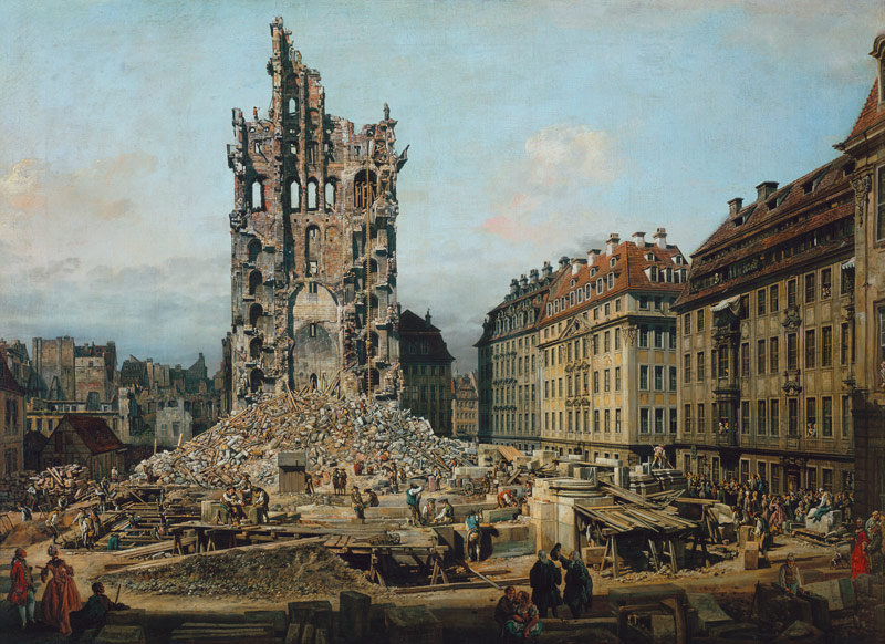 Die Trümmer der ehemaligen Kreuzkirche in Dresden von Bernardo Bellotto