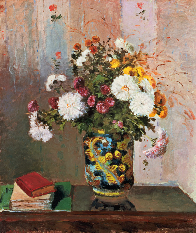 Blumenstrauß: Chrysanthemen in einer Porzellanvase von Camille Pissarro