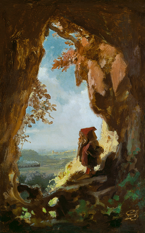 Gnom, von einer Höhle die erste Eisenbahn betrachtend von Carl Spitzweg