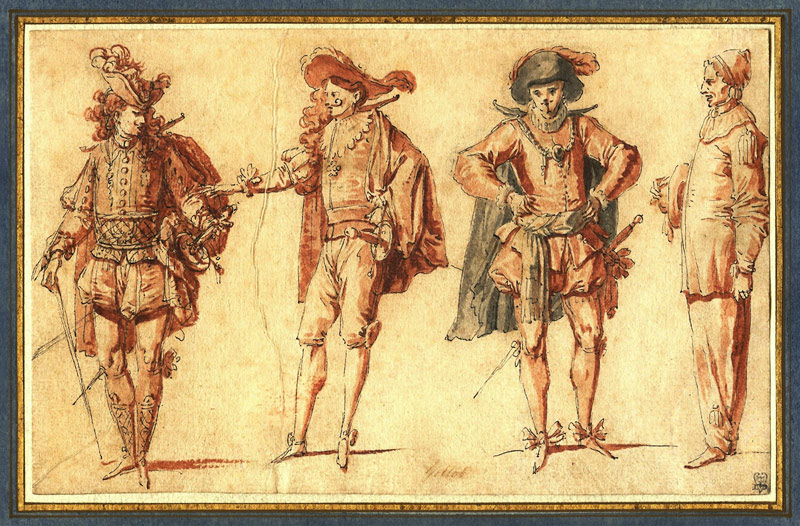 Vier Figuren der Commedia dell'arte von Claude Gillot