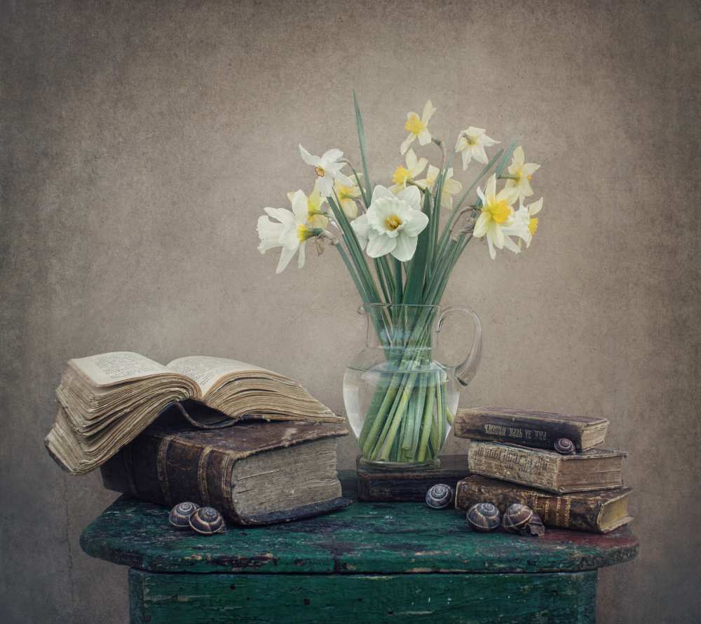 Still life with daffodils, old books and snails von Dimitar Lazarov