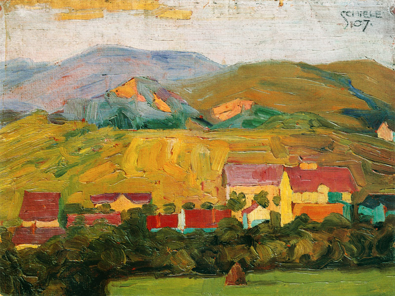 Dorf mit Bergen von Egon Schiele