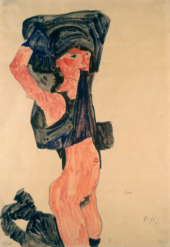 Kniendes Mädchen, sich den Rock über den Kopf ziehend von Egon Schiele