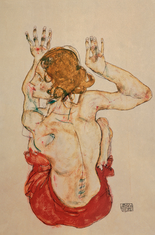 Rückenakt eines auf rotem Tuch sitzenden Mädchens von Egon Schiele