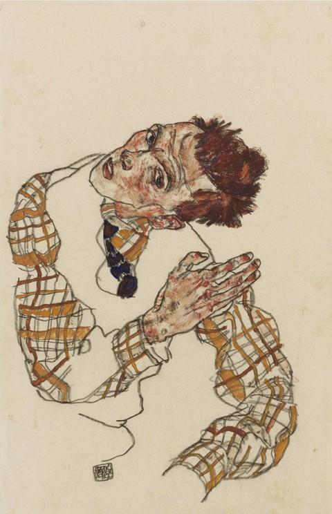 Selbstbildnis mit kariertem Hemd von Egon Schiele