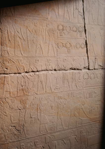 Relief from the Mastaba of Akhethotep depicting the replacement of the necklaces, from Saqqara, Old von Egyptian