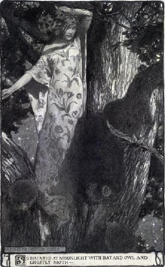 Illustration depicting a young dryad balanced in treetop branches among a bat