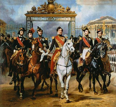 Louis Philippe und seine Söhne zu Pferde beim Verlassen von Schloss Versailles.