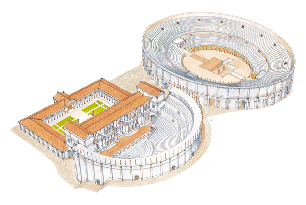 Roman theatre and amphitheatre. Reconstruction. Merida, Spain von Fernando Aznar Cenamor