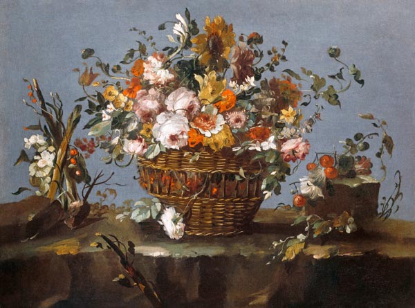 Blumen in einem Korb und ein kleiner Zweig mit Kirschen. von Francesco Guardi