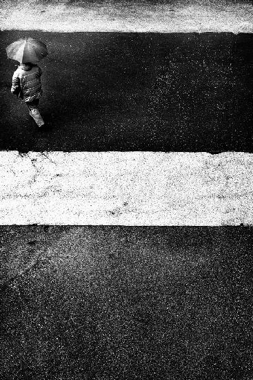 two white stripes and a black umbrella