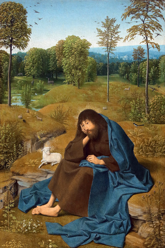 Johannes der Täufer in einer Landschaft sitzend. von Geertgen tot Sint Jans