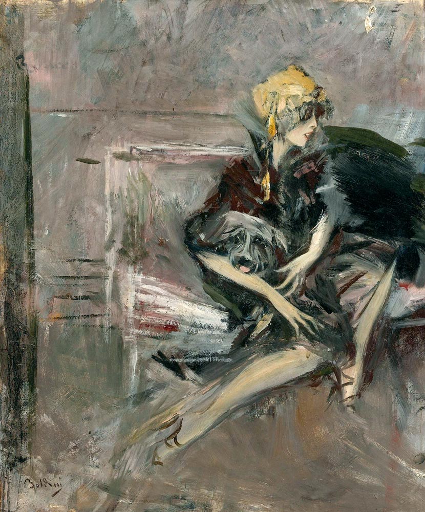 Dame im gelben Hut mit ihrem Hund (Marchesa Casati) von Giovanni Boldini