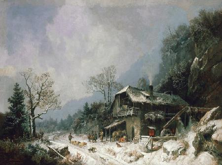 Winterlandschaft an einer Schmiede