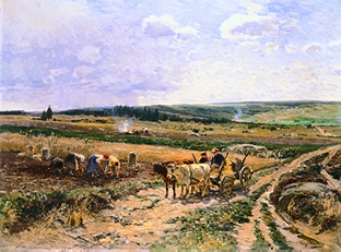 Kartoffelernte in weiter Landschaft. von Hugo Mühlig