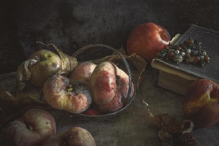 Still life with book and peaches