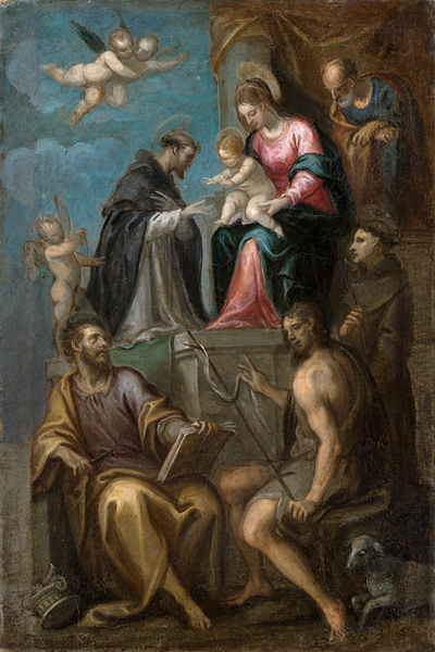 Thronende Madonna mit dem Kind und den Heiligen Joseph, Dominikus, Bartholomäus, Johannes der Täufer von Italienischer Meister der zweiten Hälfte des 16. Jahrhunderts