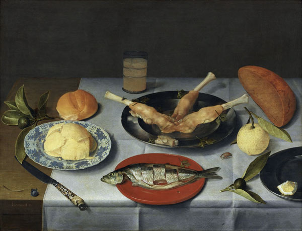 Frühstück mit Brot, Käse, Fisch und Bier von Jacob van Hulsdonck