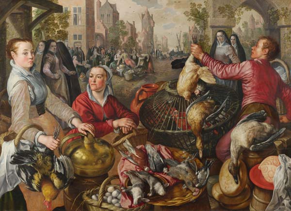 Die vier Elemente: Luft. Geflügelmarkt mit Gleichnis vom verlorenen Sohn im Hintergrund von Joachim Beuckelaer