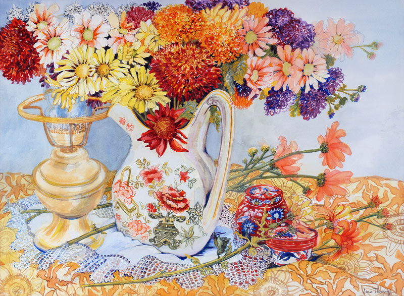 Chrysanthemums in a Chinese Jug (w/c)  von Joan  Thewsey