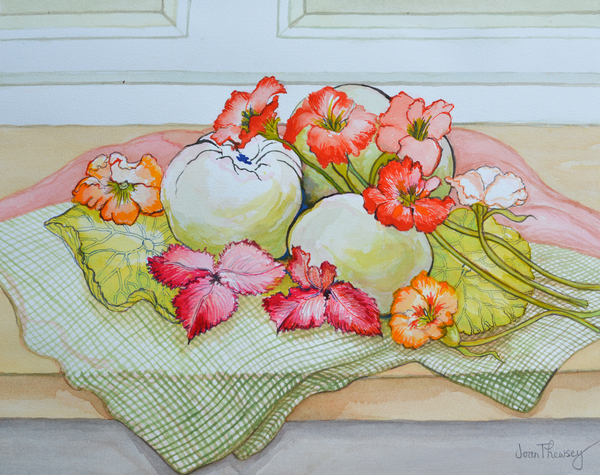 Apples and Nasturtium on a green check cloth von Joan  Thewsey