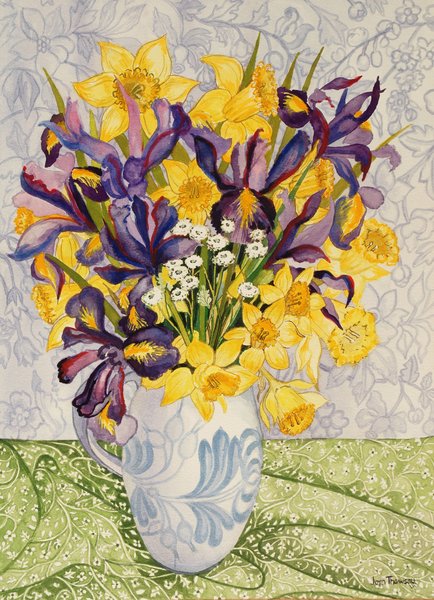 Iris and Daffodils with Patterned Textiles von Joan  Thewsey