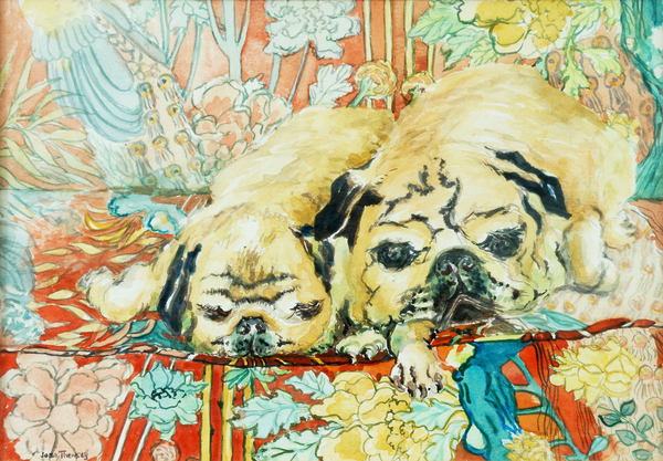 Pugs on a Chinese Print Sofa von Joan  Thewsey