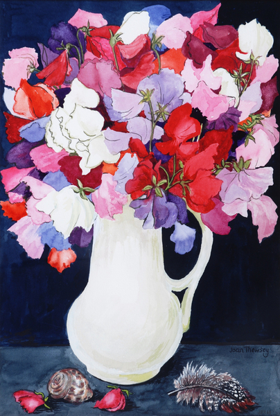 Sweet Peas in a White Jug with Shell and Feather von Joan  Thewsey