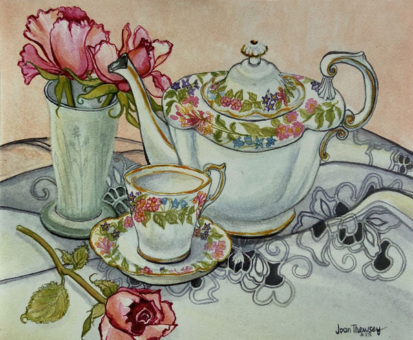 Teatime with Roses and a cutwork cloth von Joan  Thewsey