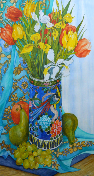 Tulips and Iris in a Japanese Vase, with fruit and textiles von Joan  Thewsey