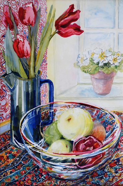 Tulips in a Jug,with a Glass Bowl von Joan  Thewsey