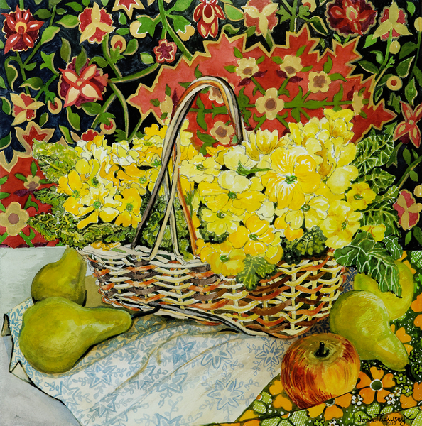 Yellow Primroses in a Basket,with Fruit and Textiles von Joan  Thewsey